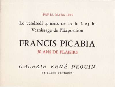 Carton d'Picabia, 50 ans de plaisir. Mars 1949. 15x11,5 cm